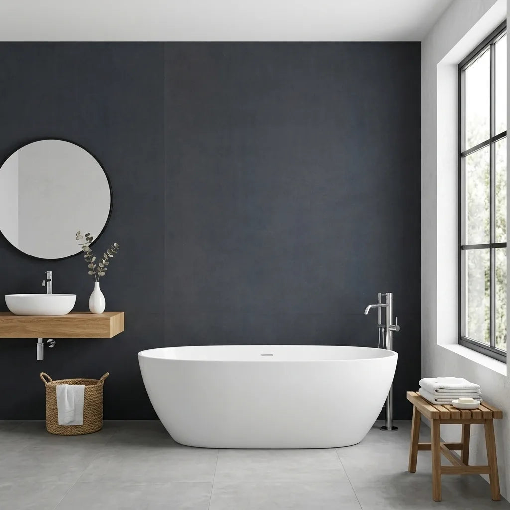 Bathroom - Midnight Blue Vegan Suede wallpaper by York Wallcoverings adds luxurious depth to this modern space.
