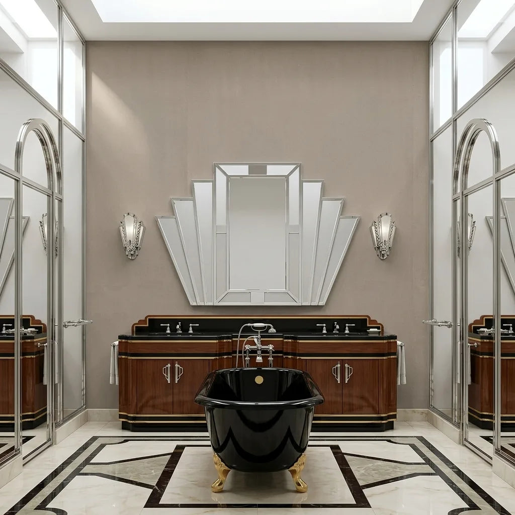 Bathroom - Warm Tan Vegan Suede wallpaper by York Wallcoverings adds luxurious texture to this modern bathroom design.