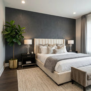 Bedroom - Luxurious midnight blue Vegan Suede wallpaper by York Wallcoverings creates a sophisticated and cozy atmosphere.