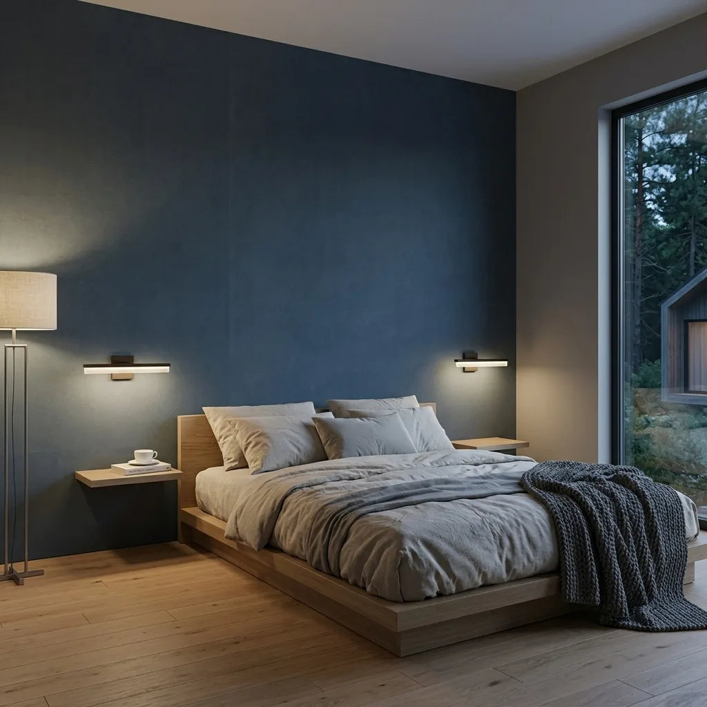 Bedroom - Vegan Suede wallpaper in Slate Blue by York Wallcoverings creates a luxurious and cozy space.