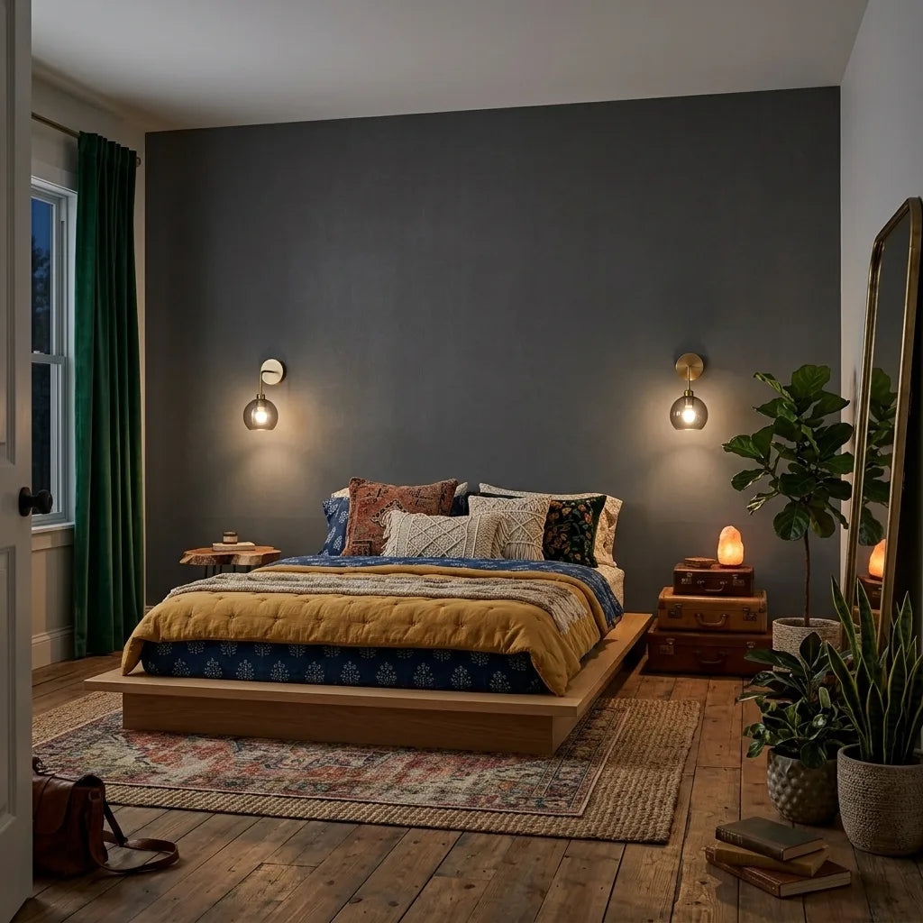 Bedroom - Cozy room with luxurious Dark Taupe Vegan Suede wallpaper by York Wallcoverings, creating a sophisticated ambiance.