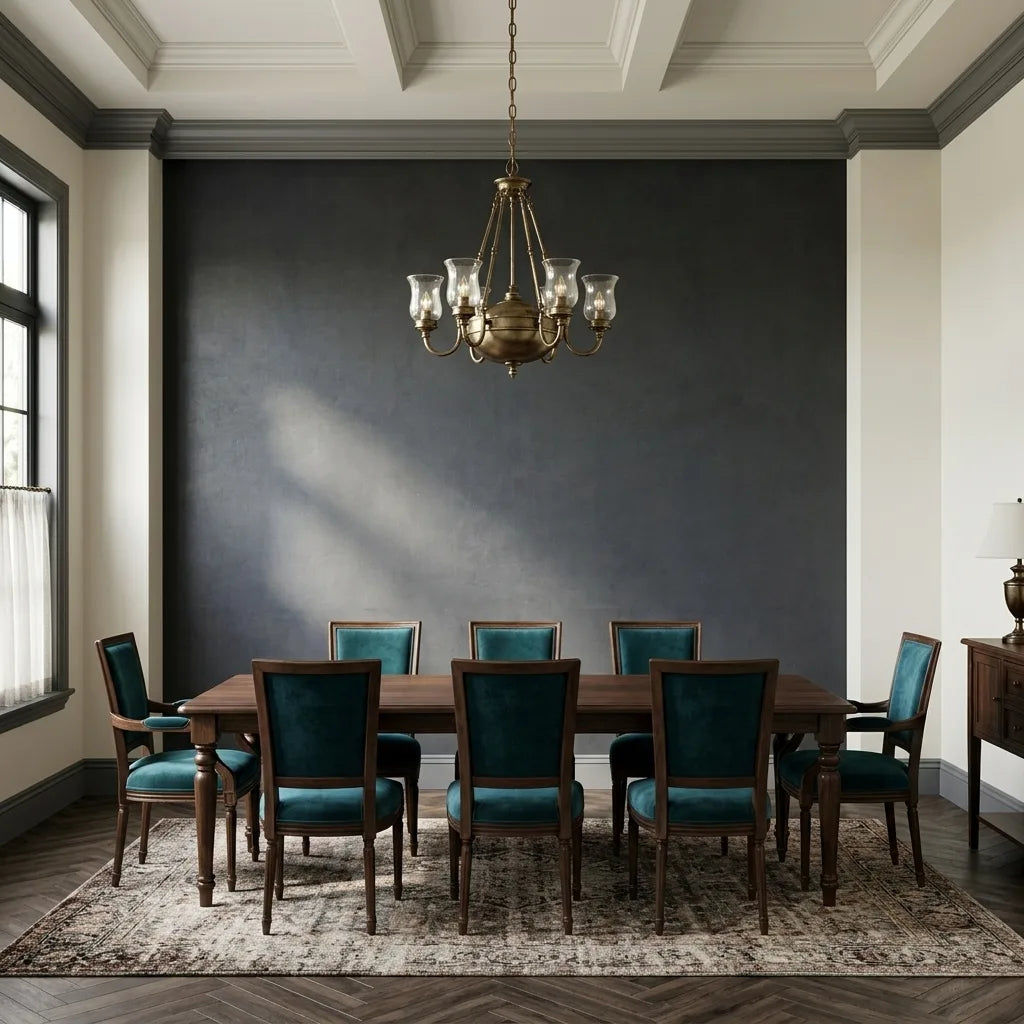 Dining Room - Modern dining room showcasing luxurious Midnight Blue Vegan Suede wallpaper by York Wallcoverings.