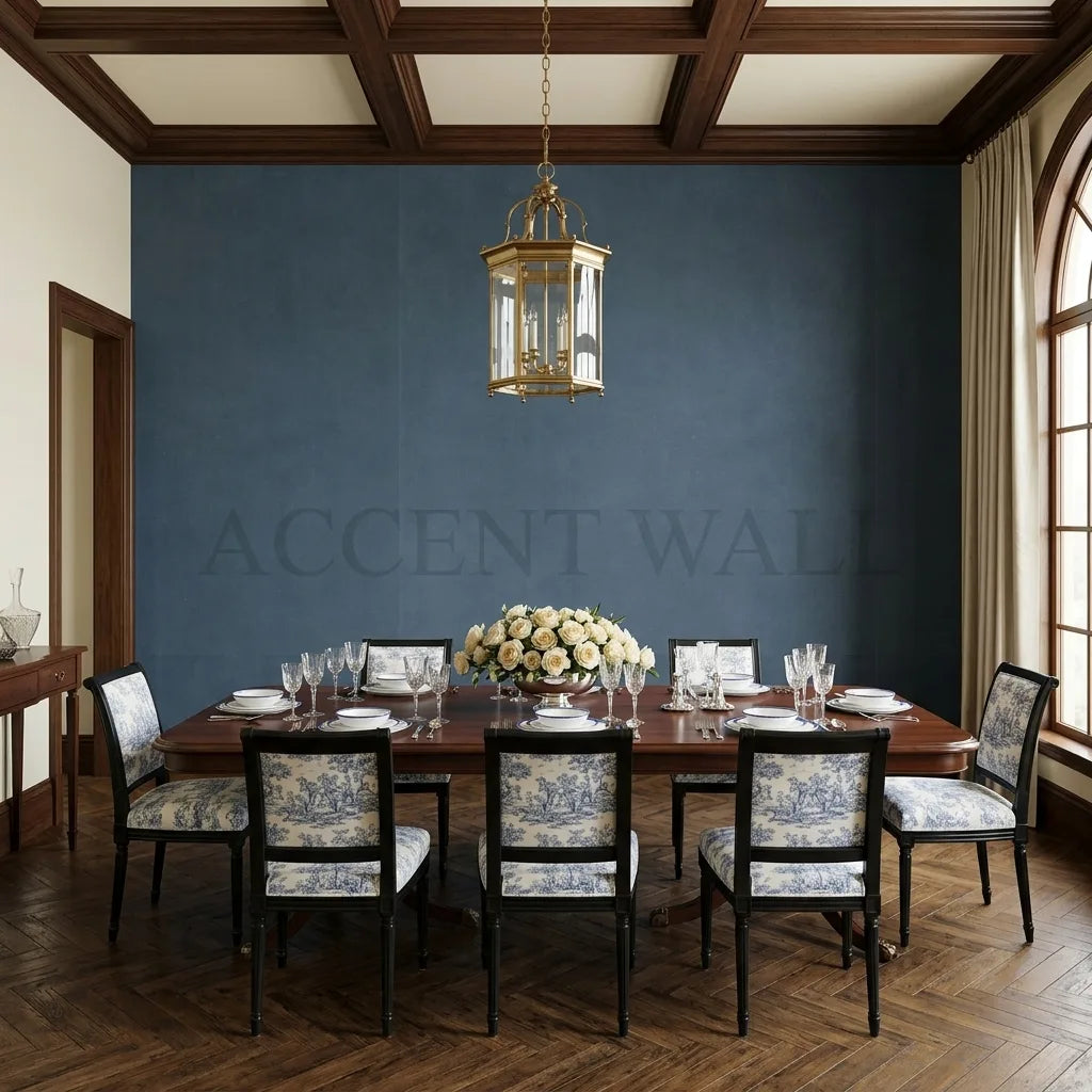 Dining Room - Modern dining room showcasing Slate Blue Vegan Suede wallpaper by York Wallcoverings, adding texture and color.