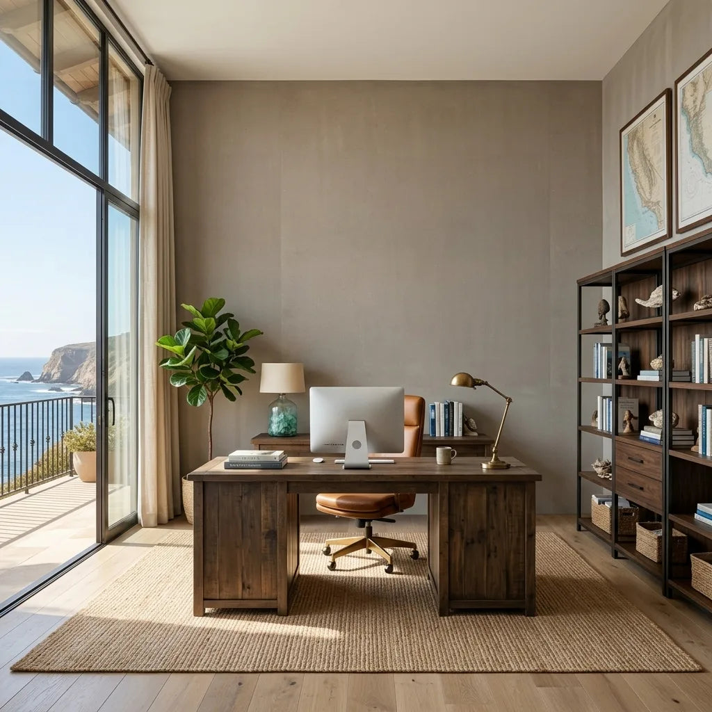 Home Office - Cozy home office featuring Warm Tan Vegan Suede wallpaper by York Wallcoverings, creating a luxurious and ethical space.