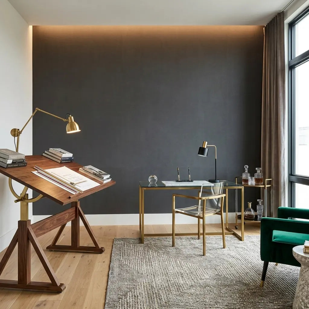 Home Office - Elegant workspace with dark taupe Vegan Suede wallpaper by York Wallcoverings, creating a sophisticated and cozy atmosphere.