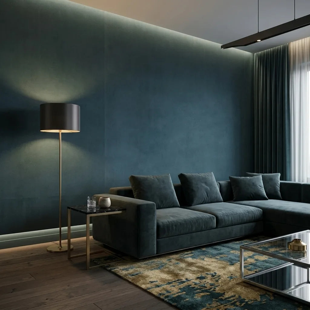 Living Room - Inviting space featuring Slate Blue Vegan Suede wallpaper by York Wallcoverings, adding soft texture and rich color.
