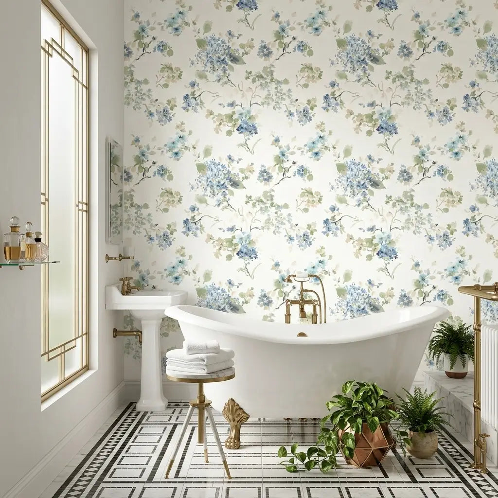 Bathroom - Serene space showcasing 'Veiled Garden' Blue, Green, Cream wallpaper by York Wallcoverings.