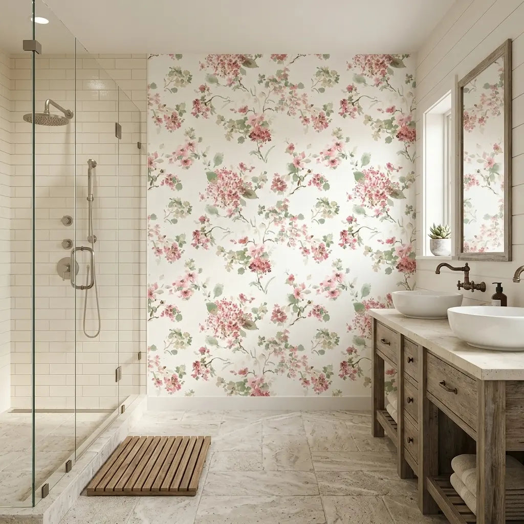 Bathroom - Elegant bath features 'Veiled Garden' wallpaper by York Wallcoverings in Rose, Pink, Green, and Cream floral hues.