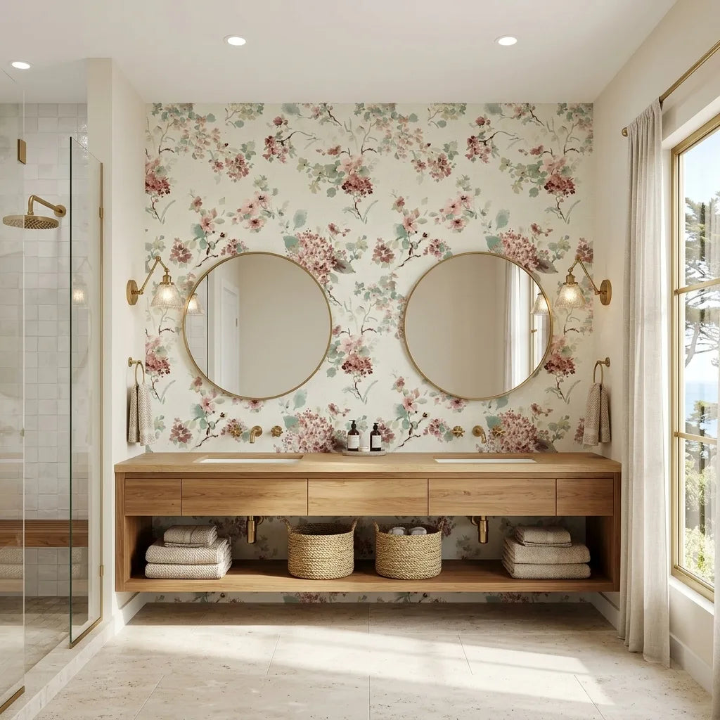 Bathroom - Featuring 'Veiled Garden' wallpaper in Mauve, Sage, Cream by York Wallcoverings, creating a serene space.