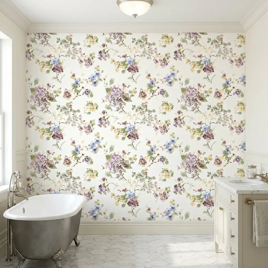 Bathroom - Elegant bathroom with "Veiled Garden" wallpaper by York Wallcoverings, featuring purple, lavender, yellow, and cream florals.