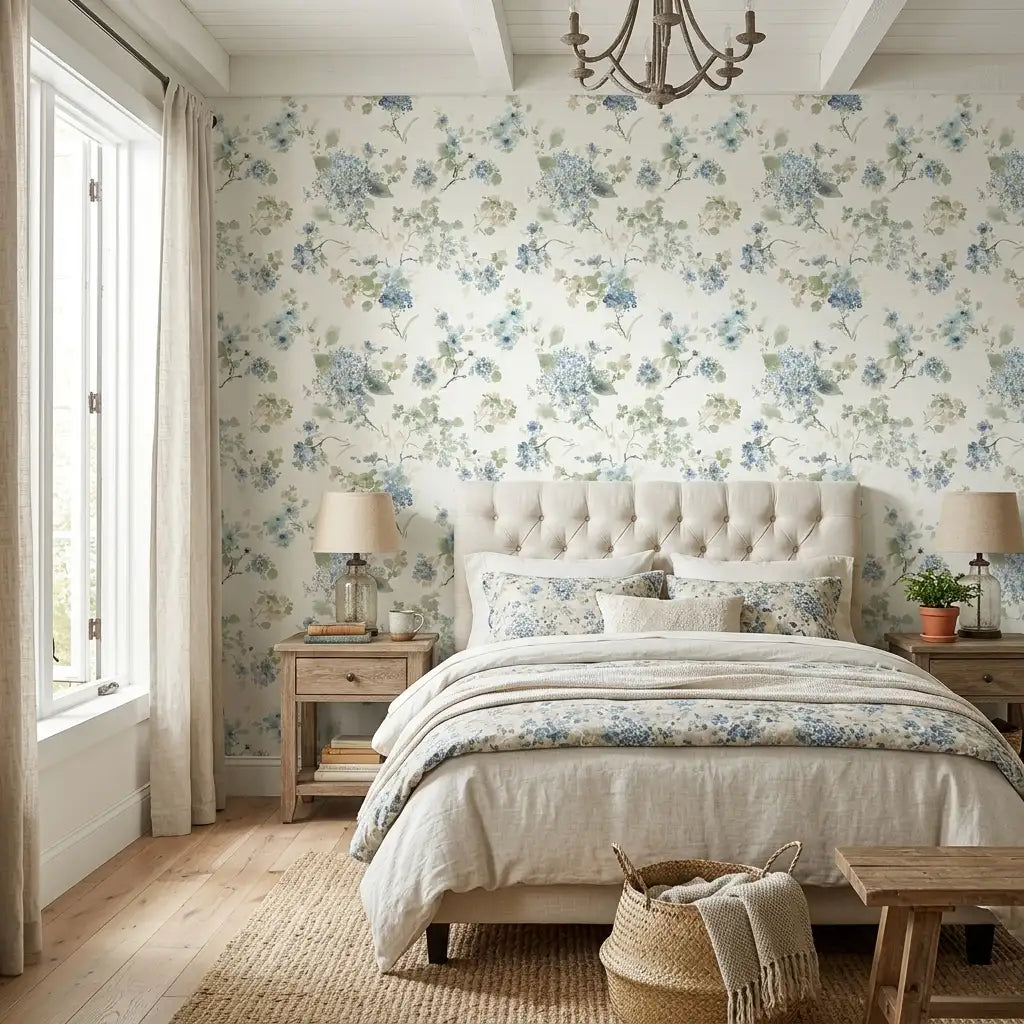 Bedroom - Elegant space showcasing York Wallcoverings' Veiled Garden wallpaper in serene blue, green, and cream for a tranquil retreat.