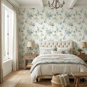 Bedroom - Elegant space showcasing York Wallcoverings' Veiled Garden wallpaper in serene blue, green, and cream for a tranquil retreat.