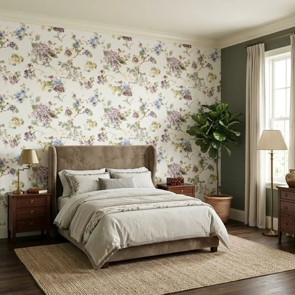 Bedroom - Veiled Garden wallpaper by York Wallcoverings in Purple, Lavender, Yellow, Cream defines this elegant and inviting space.