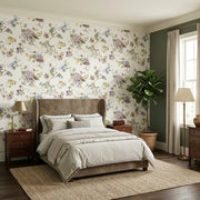 Bedroom - Veiled Garden wallpaper by York Wallcoverings in Purple, Lavender, Yellow, Cream defines this elegant and inviting space.