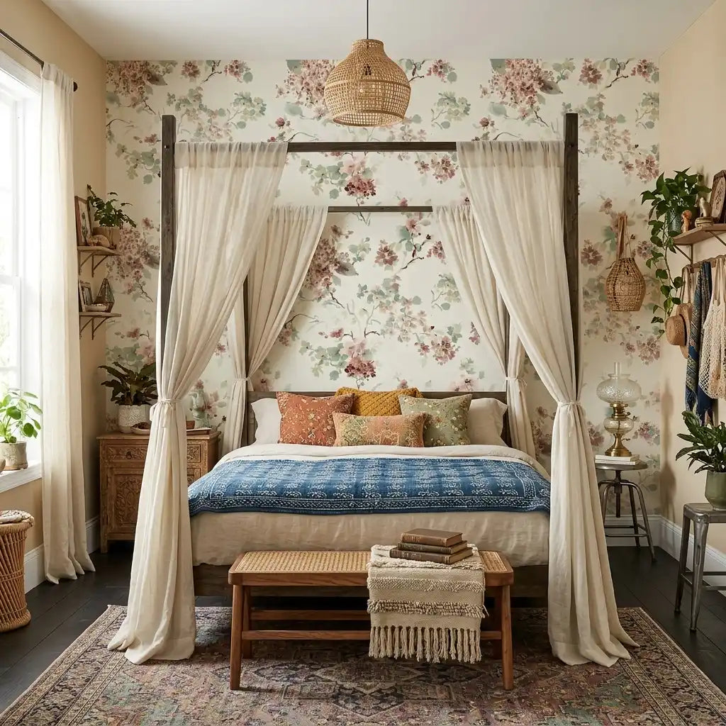Bedroom - Veiled Garden wallpaper by York Wallcoverings in Mauve, Sage, Cream creates a serene and elegant space.