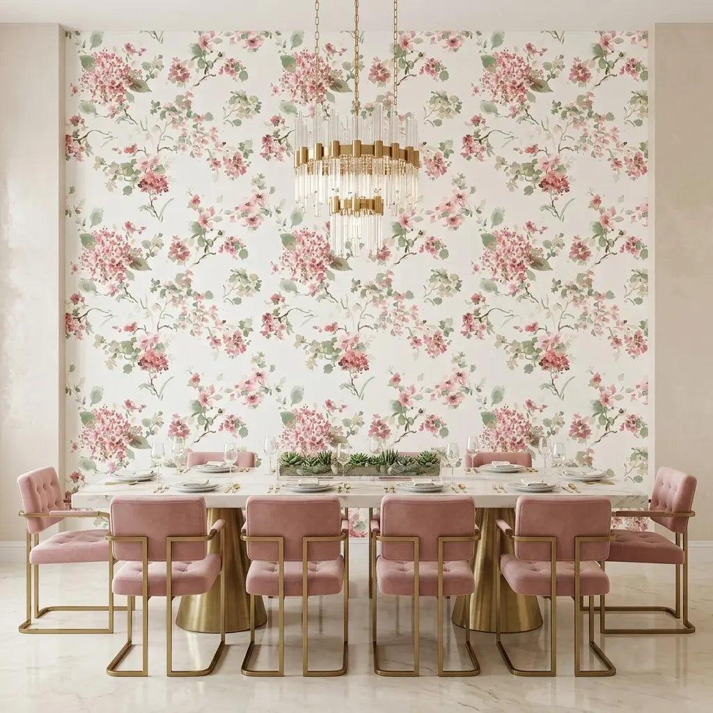 Dining Room - Elegant dining space with York Wallcoverings' "Veiled Garden" wallpaper in Rose, Pink, Green, Cream colors.