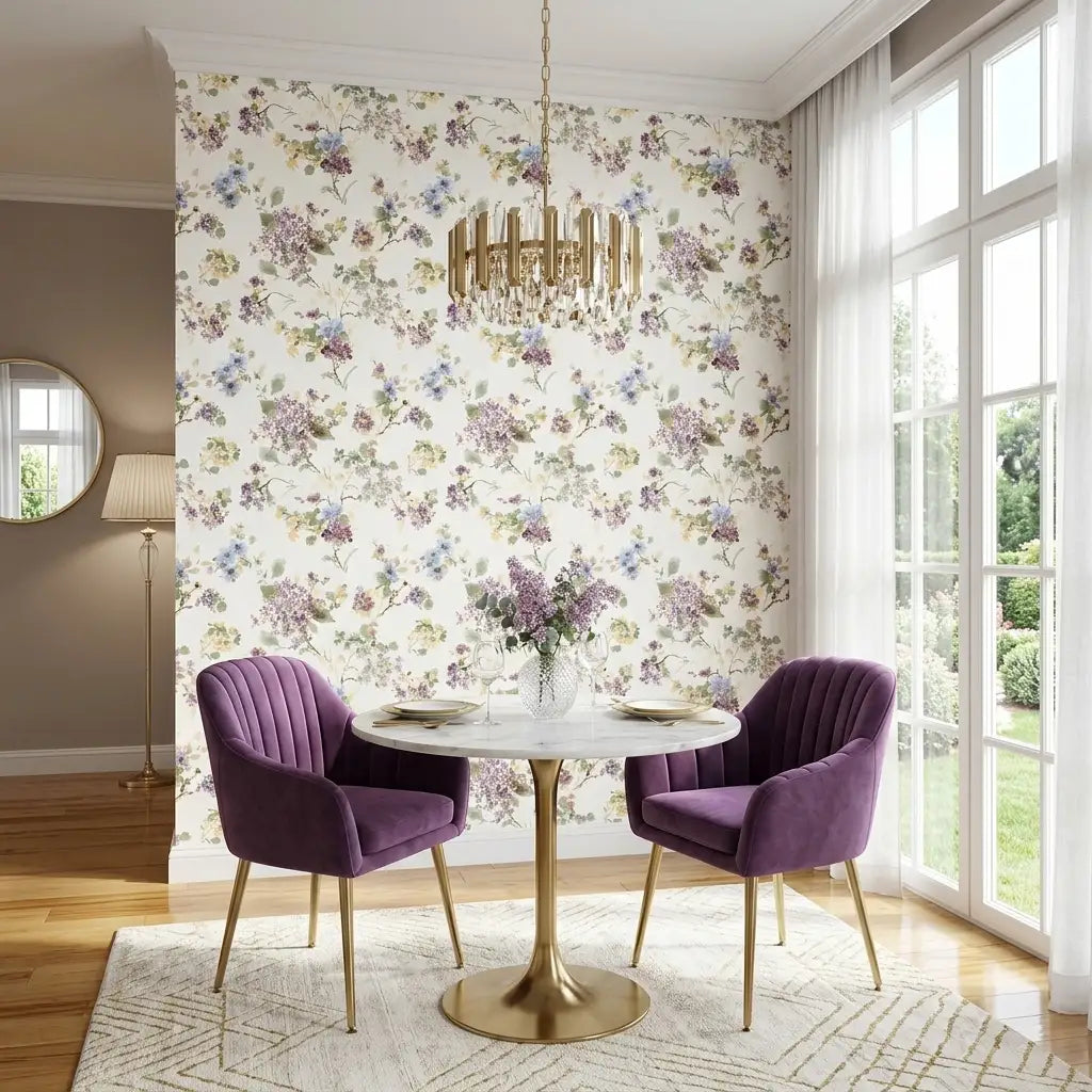 Dining Room - Features "Veiled Garden" wallpaper by York Wallcoverings in Purple, Lavender, Yellow, Cream.