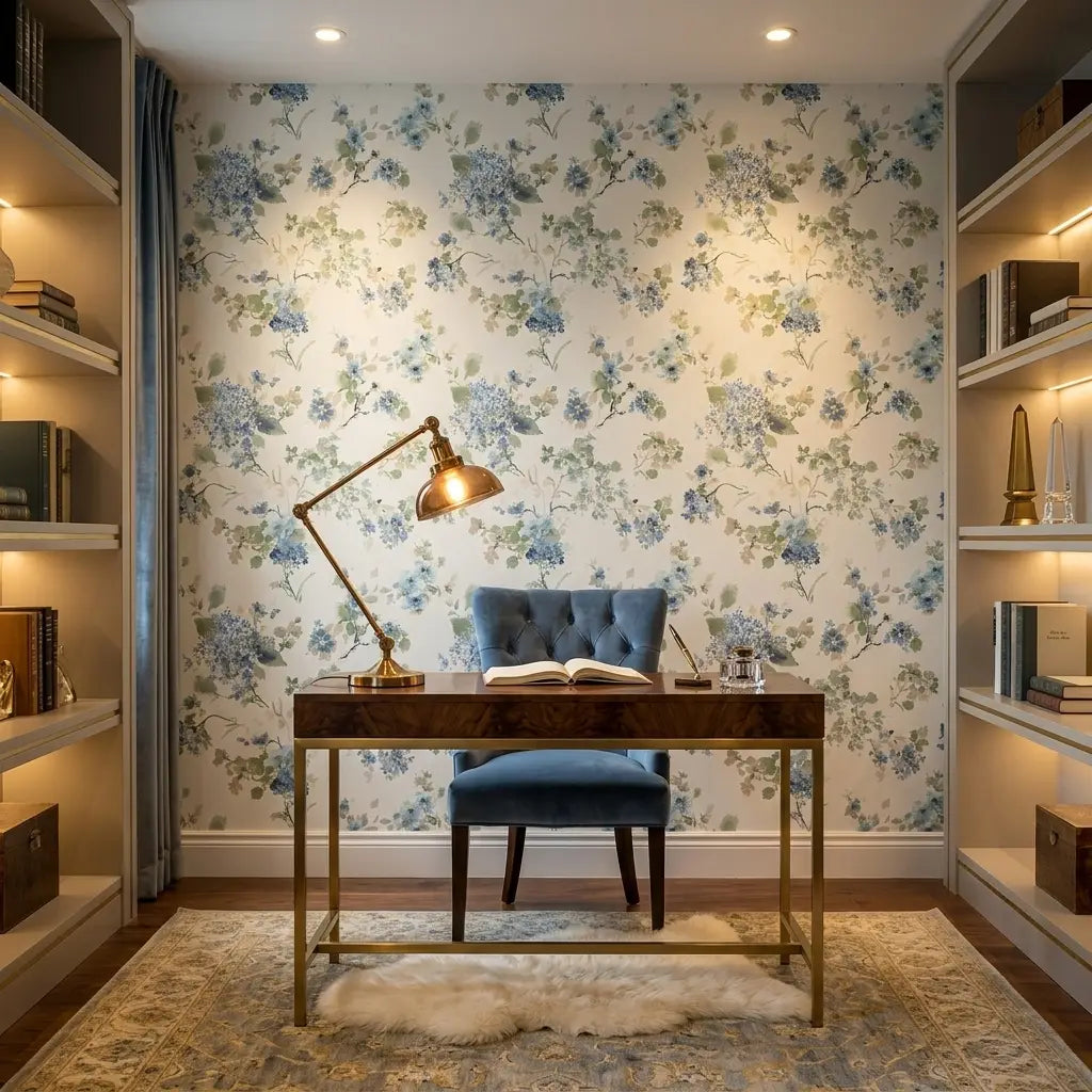 Home Office - Elegant home office with York Wallcoverings' Veiled Garden wallpaper in a stunning Blue, Green, Cream palette.
