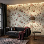 Living Room - Elegant space featuring 'Veiled Garden' wallpaper in Mauve, Sage, Cream by York Wallcoverings, enhancing a serene ambiance.