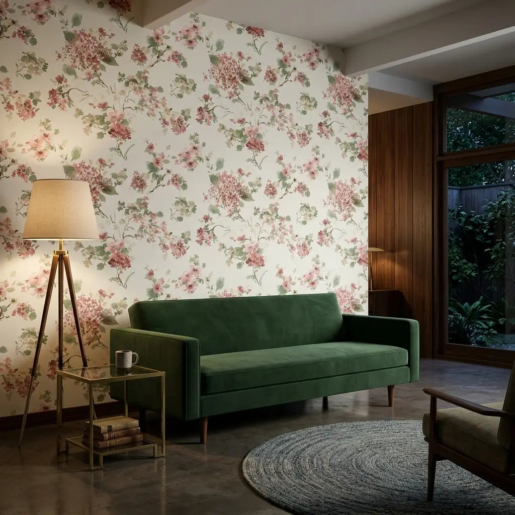 Living Room - Veiled Garden wallpaper by York Wallcoverings in Rose, Pink, Green, Cream creates a serene, elegant space.