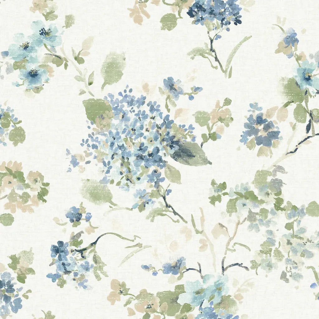 York Wallcoverings 'Veiled Garden' wallpaper pattern swatch in blue, green, and cream.
