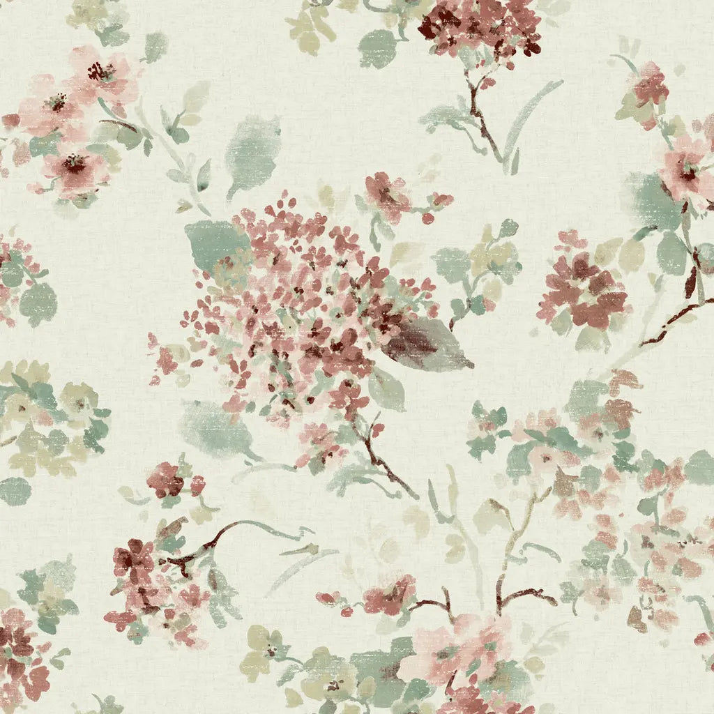 York Wallcoverings Veiled Garden wallpaper pattern swatch LL3230 displays a delicate floral design in Mauve, Sage, and Cream.