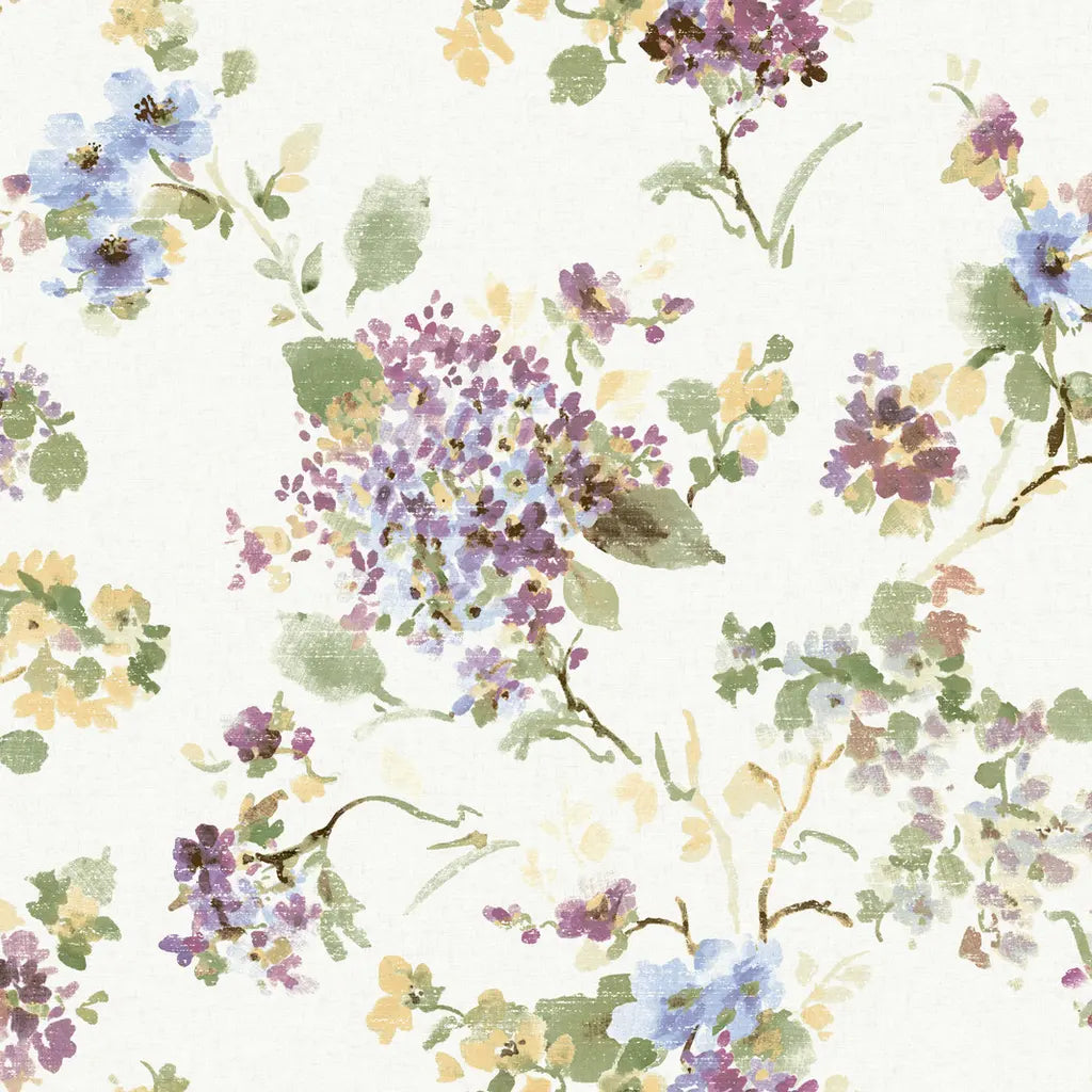 Veiled Garden wallpaper pattern swatch by York Wallcoverings in Purple, Lavender, Yellow, and Cream.