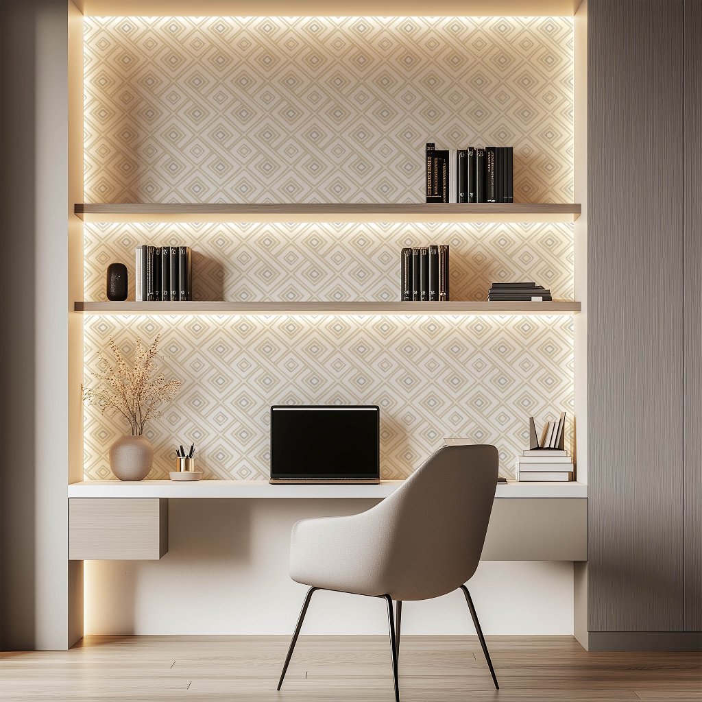 A modern home office in contemporary style showcases a white desk equipped with a computer, books, and decor. Positioned in front is a beige chair, while shelves featuring backlighting display both books and decorative items. The wall is stylishly adorned with the Paradox Geometric Wallpaper Mural from Decor2Go Wallpaper Mural for a sleek finish.