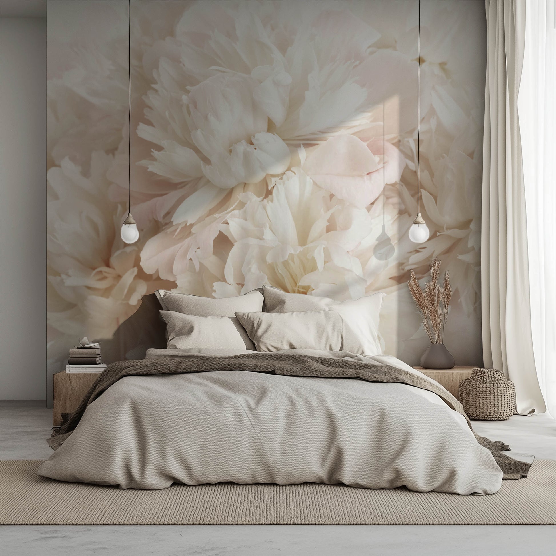 A serene bedroom features the Decor2Go Wallpaper Mural, Whispers of Peonies Wallpaper Mural, with a large floral design behind a neatly made bed adorned in neutral-tone bedding. Flanking pendant lights and a woven basket with dried flowers bask in soft natural light, creating an inviting haven.