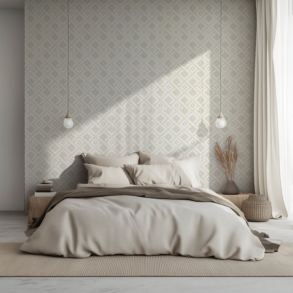 Bedroom - A cozy bedroom features the Paradox Geometric Wallpaper Mural by Decor2Go Wallpaper Mural as an accent wall, complemented by a soft beige bedspread and two hanging pendant lights. Light filters through sheer curtains, casting a warm glow, while a side table with a book and a vase of dried plants adds a natural touch to this contemporary style retreat.