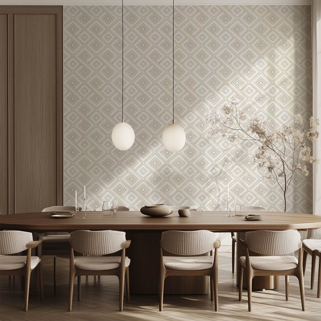 A modern dining room exuding contemporary style features a long wooden table surrounded by upholstered chairs. Two pendant lights hover above, enhancing the chic ambiance. The walls are adorned with the Paradox Geometric Wallpaper Mural by Decor2Go Wallpaper Mural, while a branch with delicate leaves graces the corner, completing the custom-fit solution.