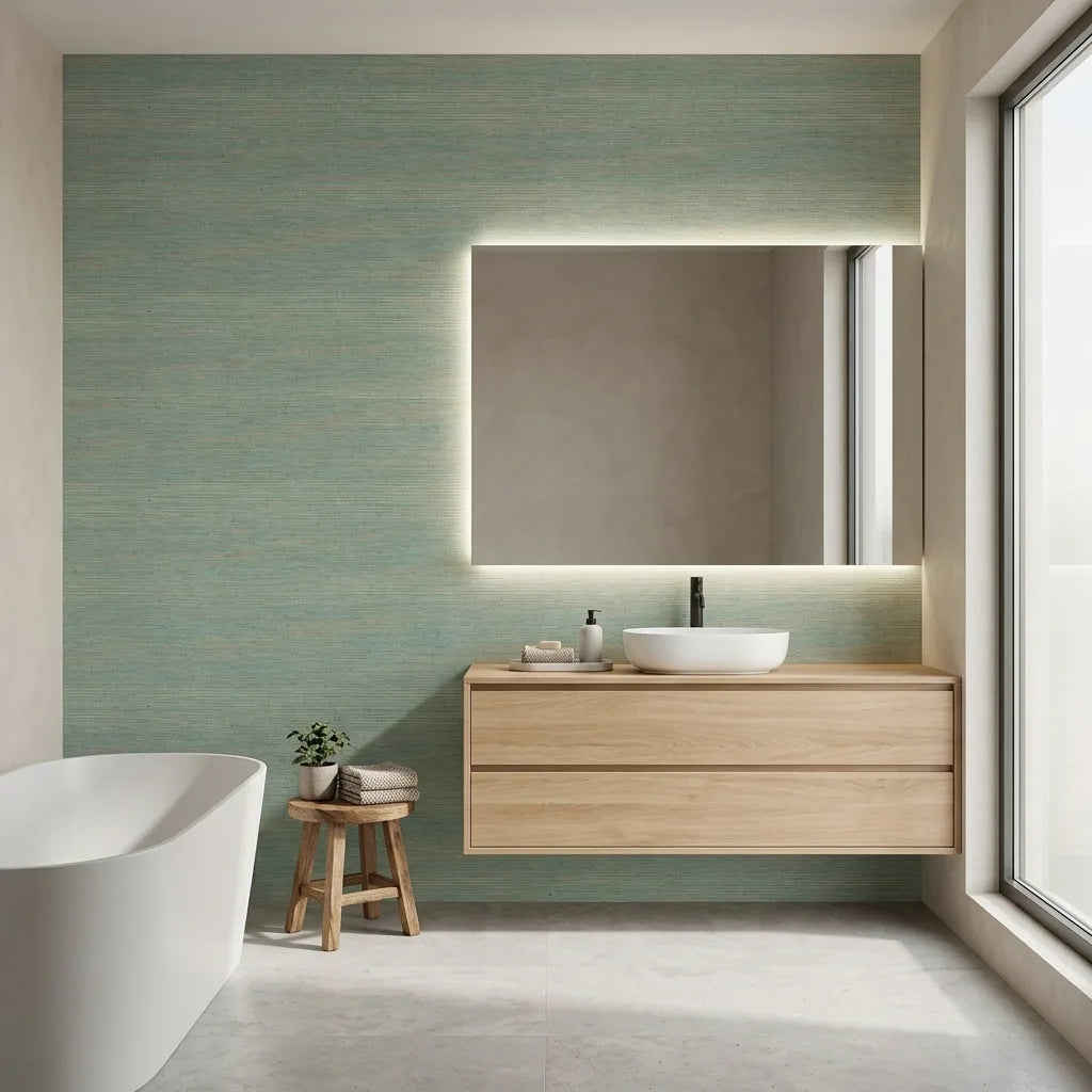 Bathroom - Warwick wallpaper by York Wallcoverings in Slate Blue Beige brings serene elegance to this modern bathroom.