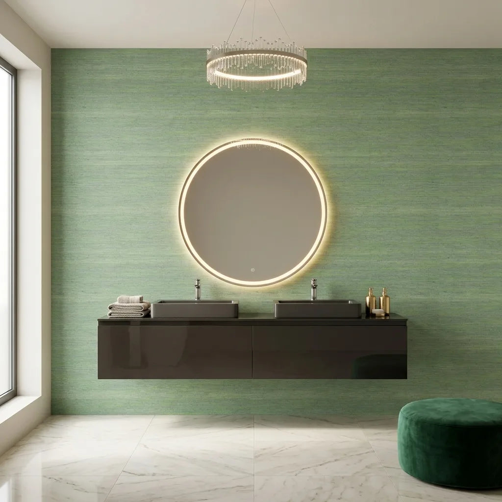 Bathroom - Warwick wallpaper in Sage and Blue by York Wallcoverings adds elegant color to this stylish space.