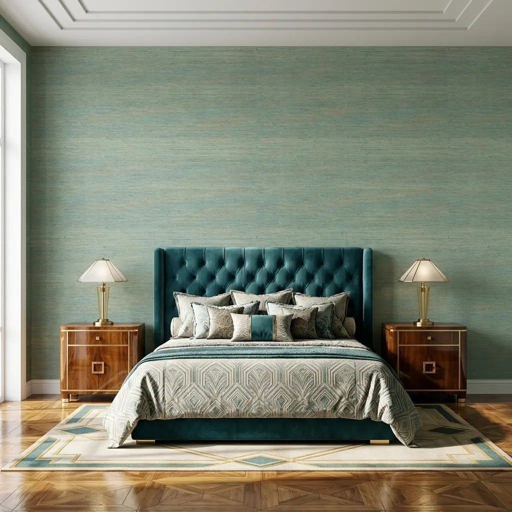 Bedroom - Warwick wallpaper in Slate Blue Beige by York Wallcoverings creates a serene and stylish retreat.