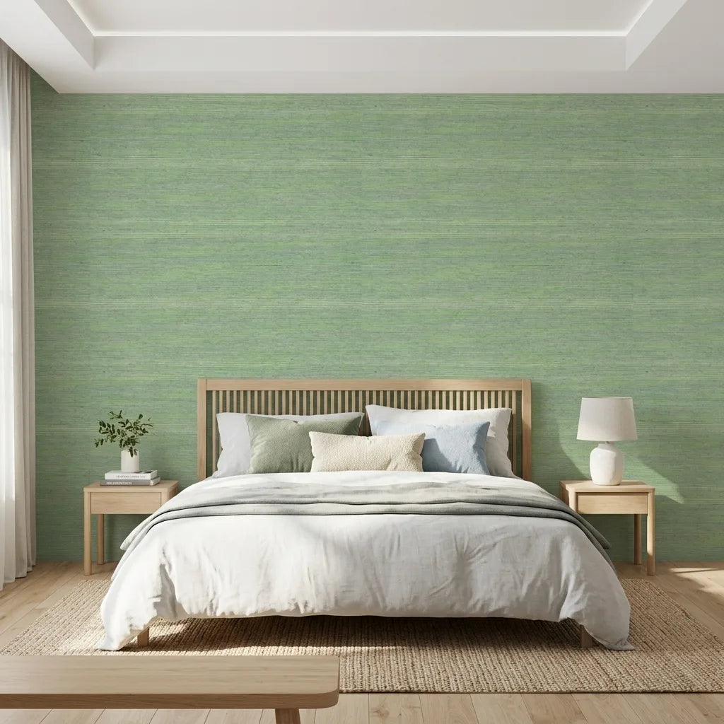 Bedroom - Elegant room featuring 'Warwick' wallpaper by York Wallcoverings in calming Sage and Blue hues, creating a serene sanctuary.