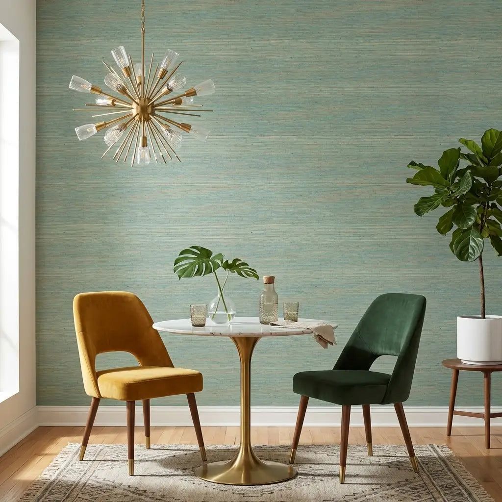 Dining Room - Elegant dining room showcasing Warwick wallpaper in Slate Blue Beige by York Wallcoverings.