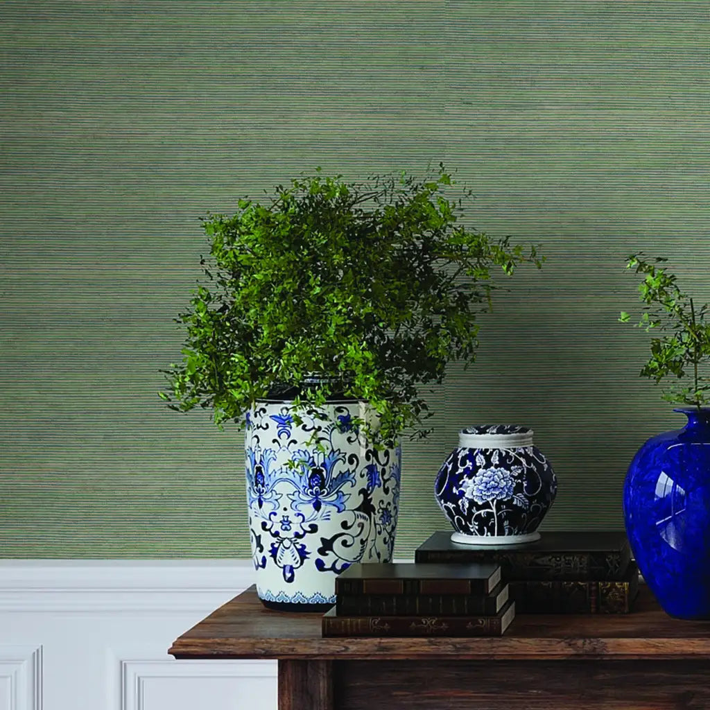 Elegant entryway showcasing Warwick wallpaper in Sage and Blue by York Wallcoverings, creating a serene and stylish welcome.