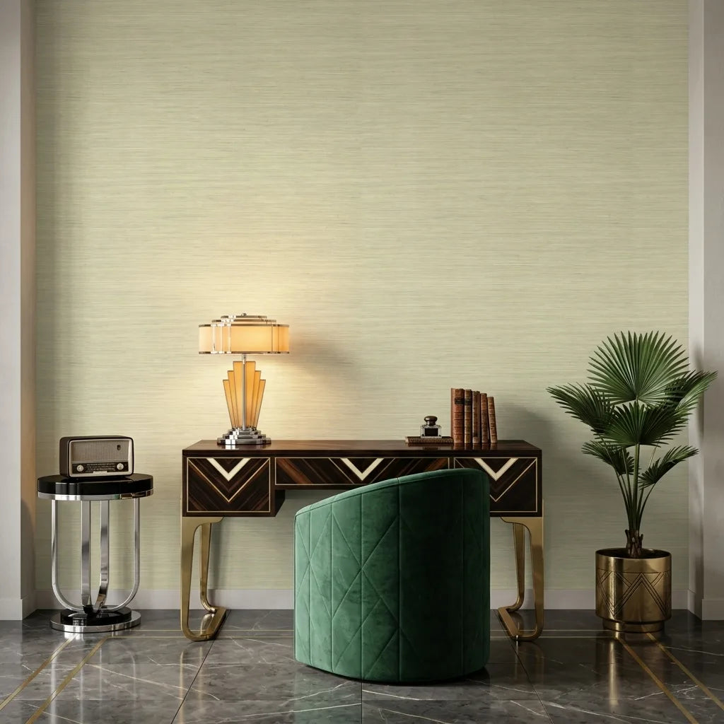 Home Office - Elegant home office featuring Warwick wallpaper in Warm Ivory by York Wallcoverings, creating a serene and productive space.