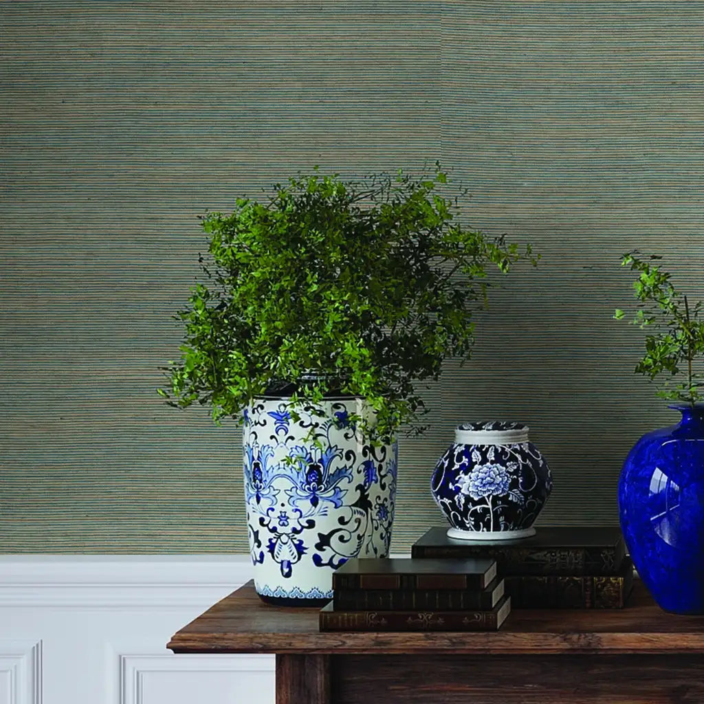 Elegant living room showcasing Warwick wallpaper in Slate Blue Beige by York Wallcoverings, adding sophisticated style.