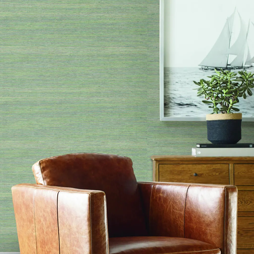Living room showcasing elegant 'Warwick' wallpaper in Sage and Blue by York Wallcoverings.