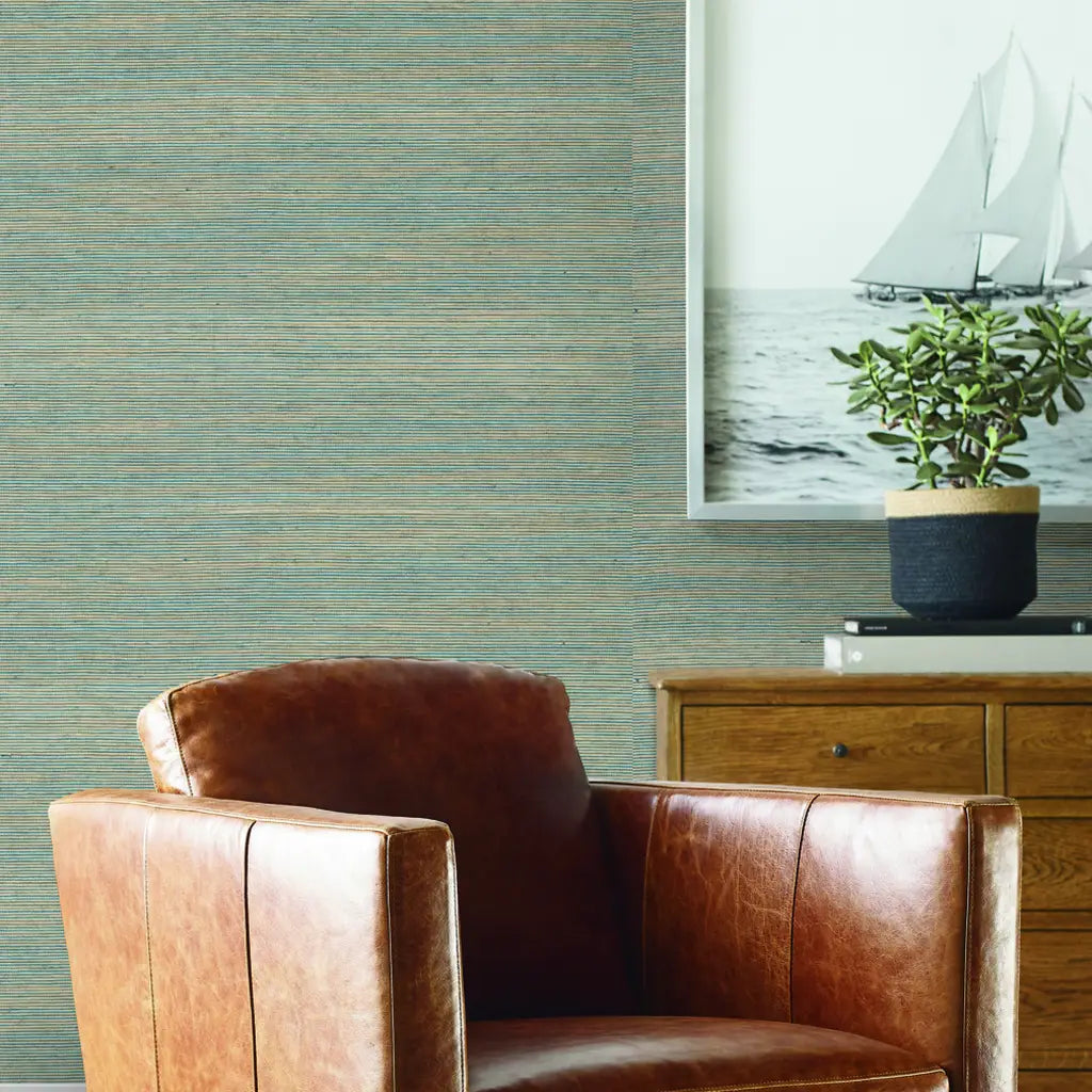 Living room with York Wallcoverings' 'Warwick' wallpaper in Slate Blue Beige, creating a sophisticated and inviting space.