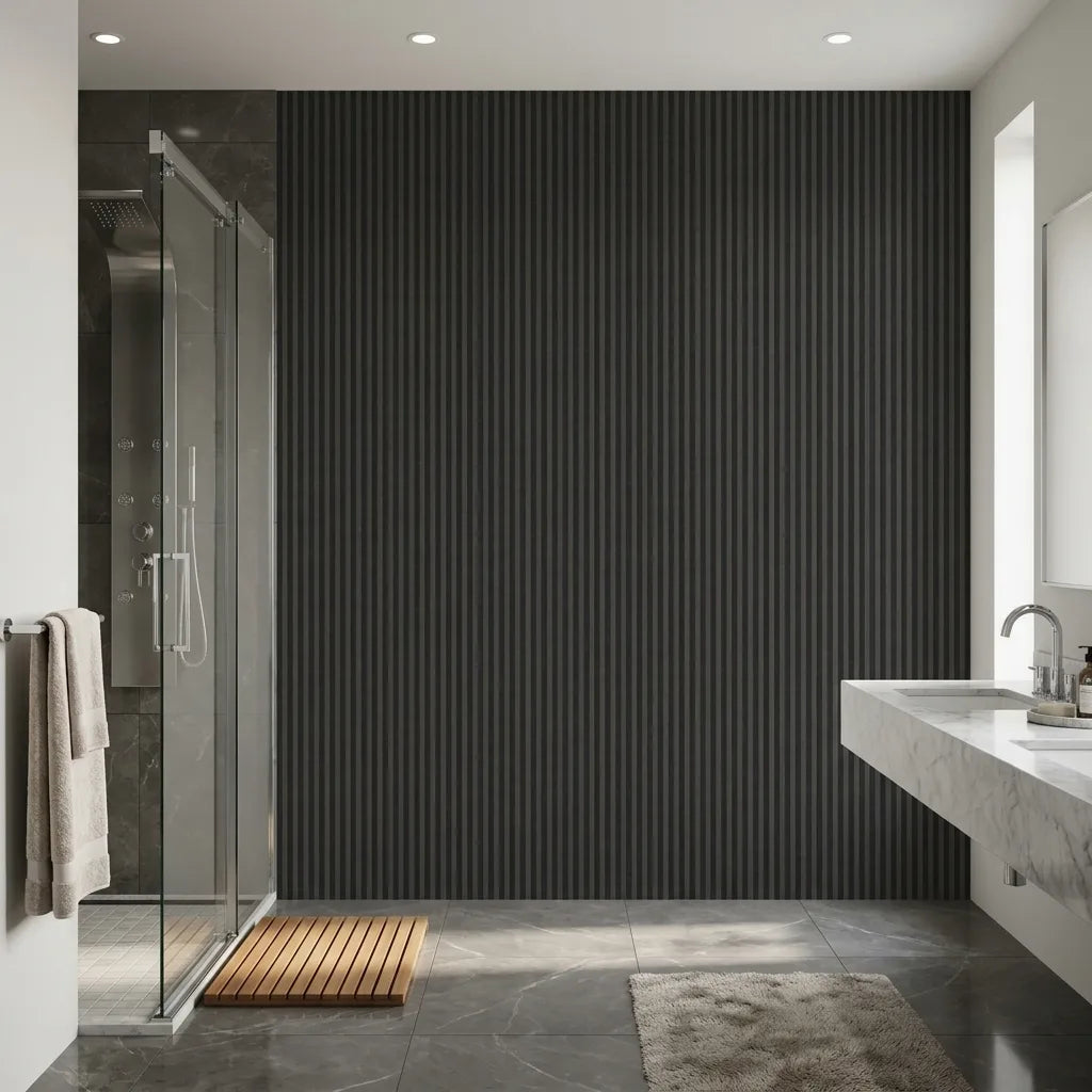 Bathroom - Features elegant Watson wallpaper in Charcoal and Taupe by York Wallcoverings, creating a sophisticated space.