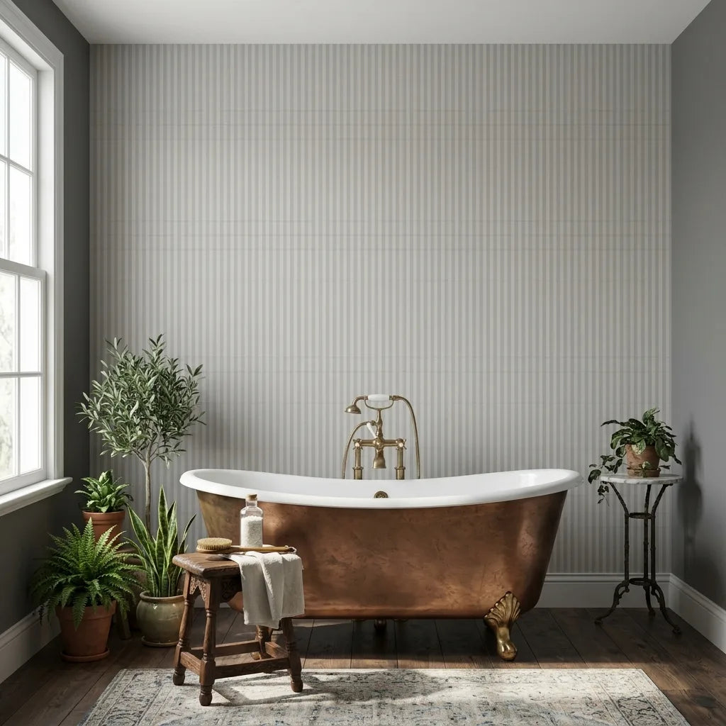 Bathroom - Elegant bathroom with 'Watson' wallpaper in Light Greige by York Wallcoverings, creating a serene and stylish space.