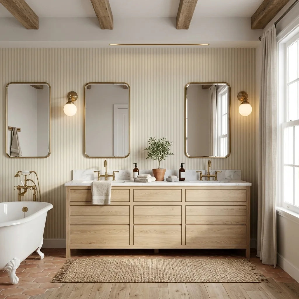 Bathroom - Features 'Watson' wallpaper in Warm Greige by York Wallcoverings, creating a serene and stylish space.