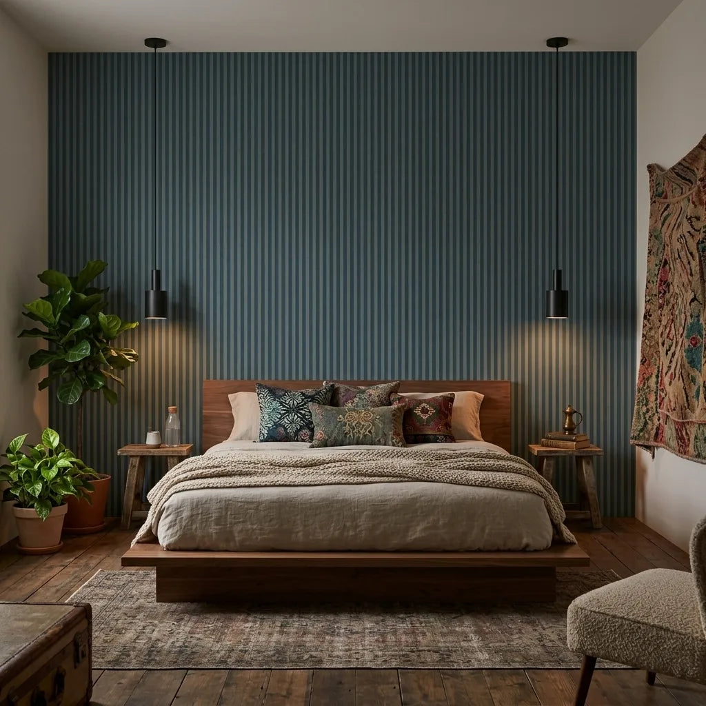 Bedroom - Elegant room with Watson wallpaper in Blue and Grey-Green by York Wallcoverings, creating a serene modern space.