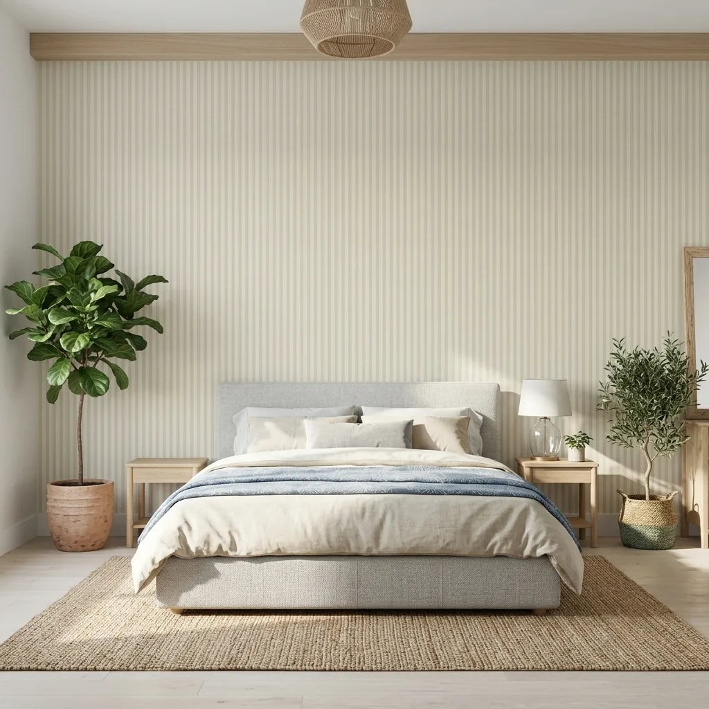 Bedroom - Elegant bedroom with Watson wallpaper in Warm Greige by York Wallcoverings, creating a serene and stylish space.