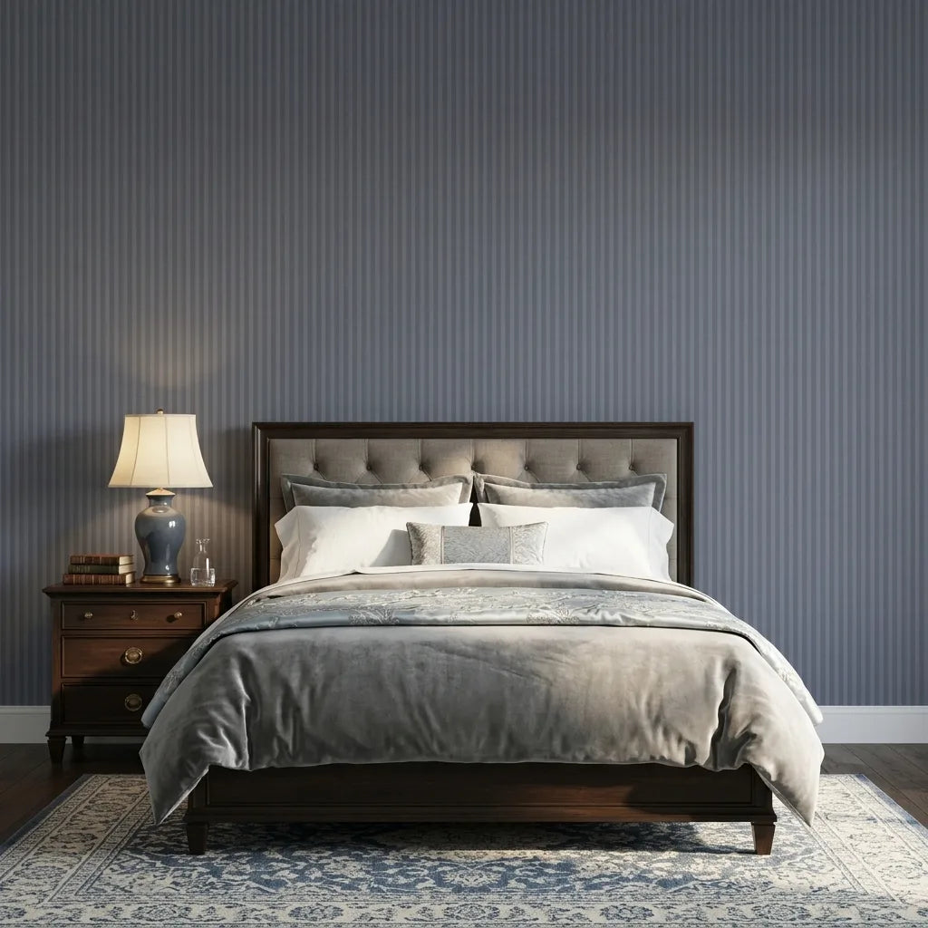 Bedroom - Stylish bedroom featuring 'Watson' Slate Blue wallpaper by York Wallcoverings, perfect for modern interior design.