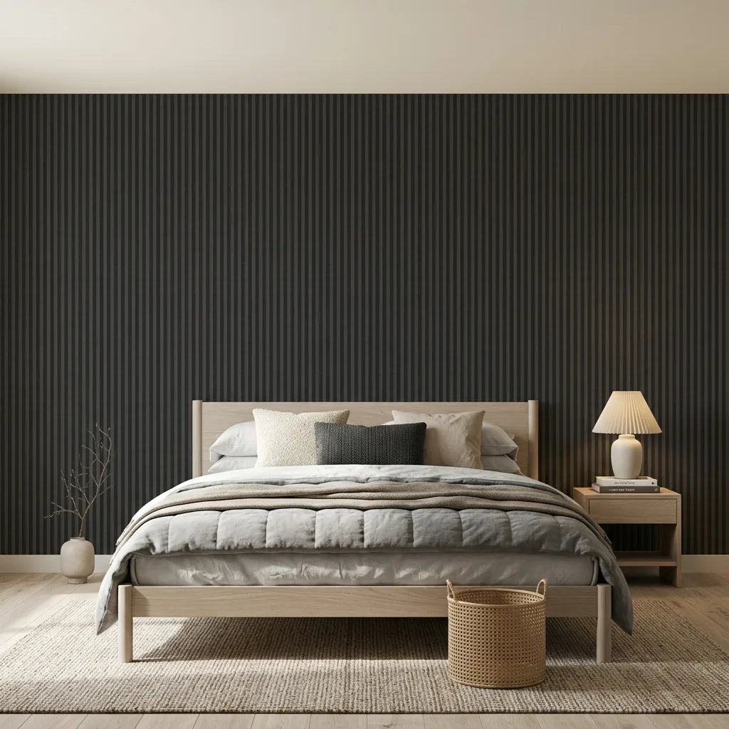 Bedroom - Elegant bedroom showcasing Watson wallpaper in Charcoal and Taupe by York Wallcoverings for a stylish, modern retreat.