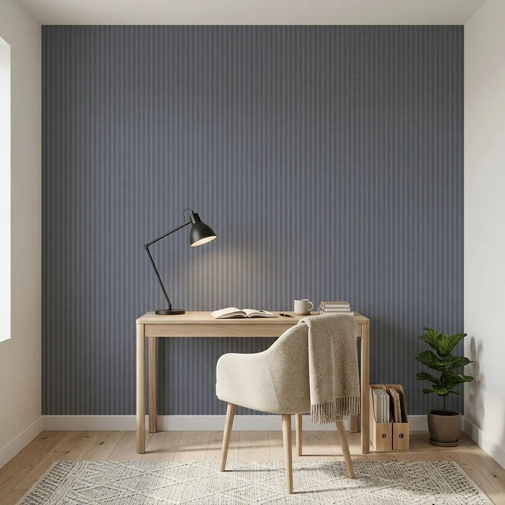 Home Office - Modern workspace featuring elegant Watson wallpaper in Slate Blue by York Wallcoverings, creating a serene and productive environment.