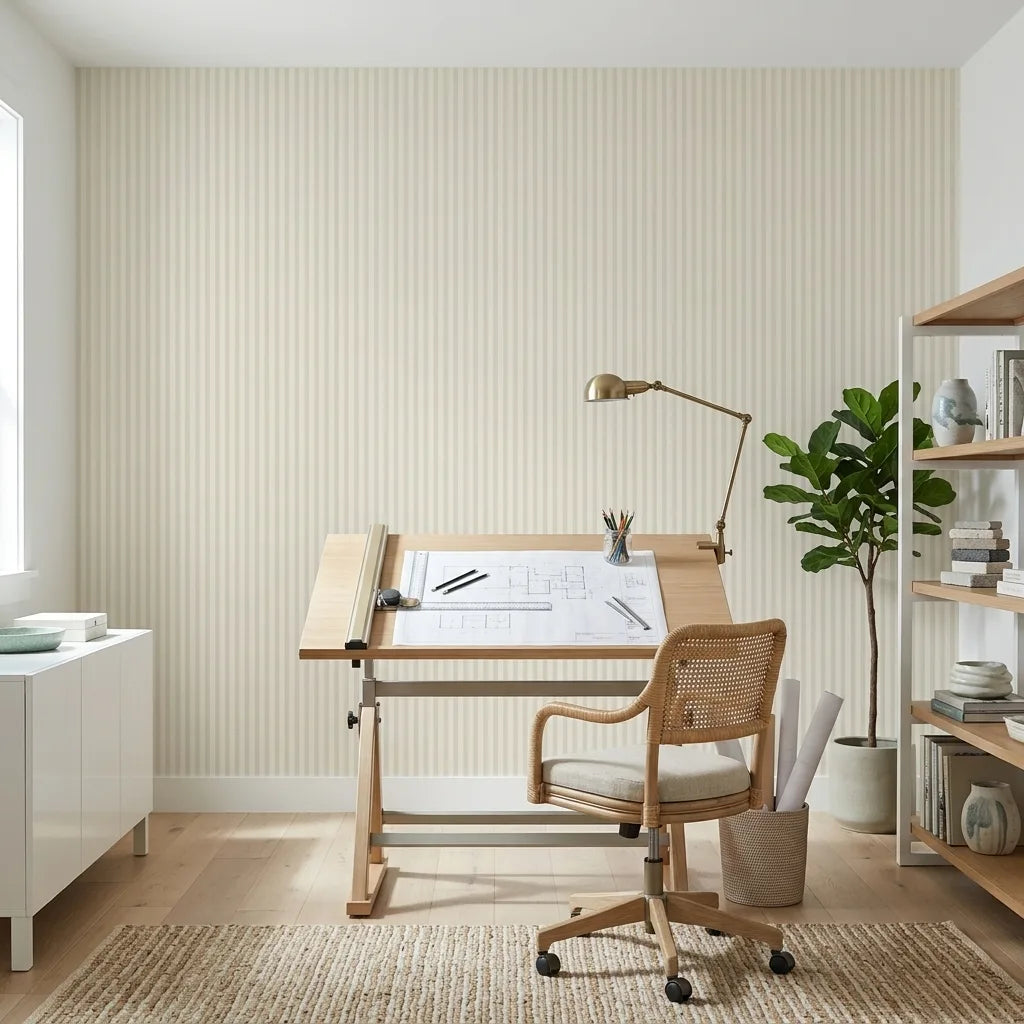 Home Office - Elegant Watson wallpaper in Warm Greige by York Wallcoverings creates a calm and stylish backdrop for productivity.